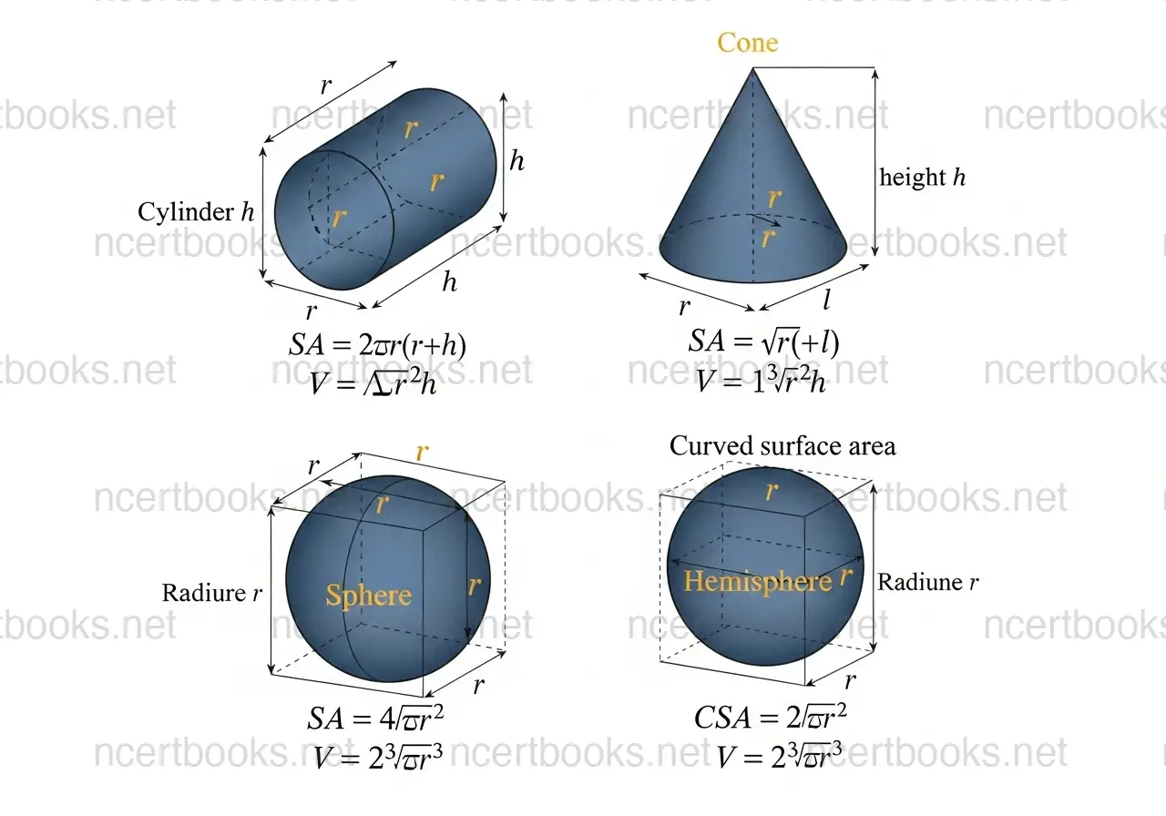 Cylinder cone sphere hemisphere 3D shapes with formulas - NCERT Class 10 Maths Chapter 13