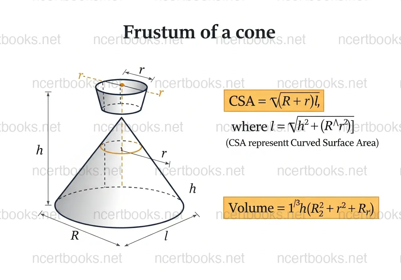 Frustum of a cone with dimensions and formulas - NCERT Class 10 Maths Surface Areas