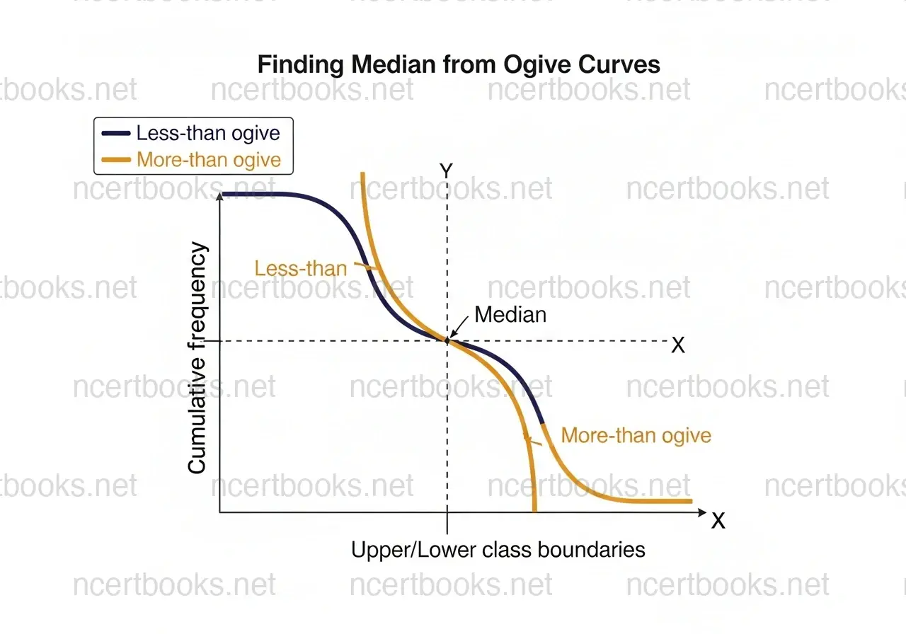 Ogive curves less-than and more-than type for finding median - Class 10 Maths Statistics