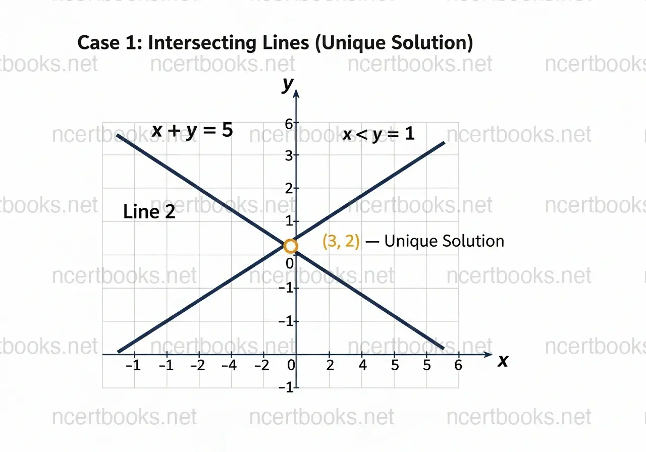 Intersecting lines showing unique solution on coordinate plane - NCERT Class 10 Maths Linear Equations