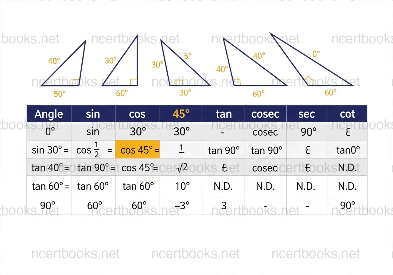 Trigonometric ratios table for standard angles 0 30 45 60 90 degrees - Class 10 Maths
