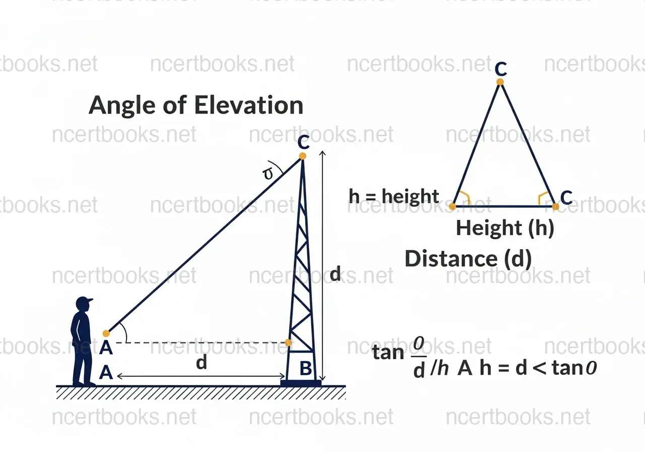 Angle of elevation height and distance diagram - NCERT Class 10 Maths Chapter 9 Trigonometry Applications